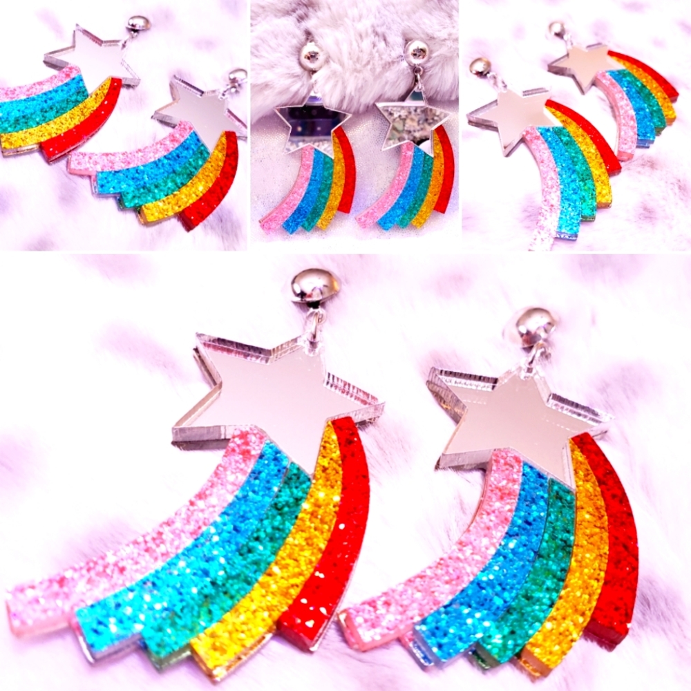 Sparkly rainbow shooting star earrings